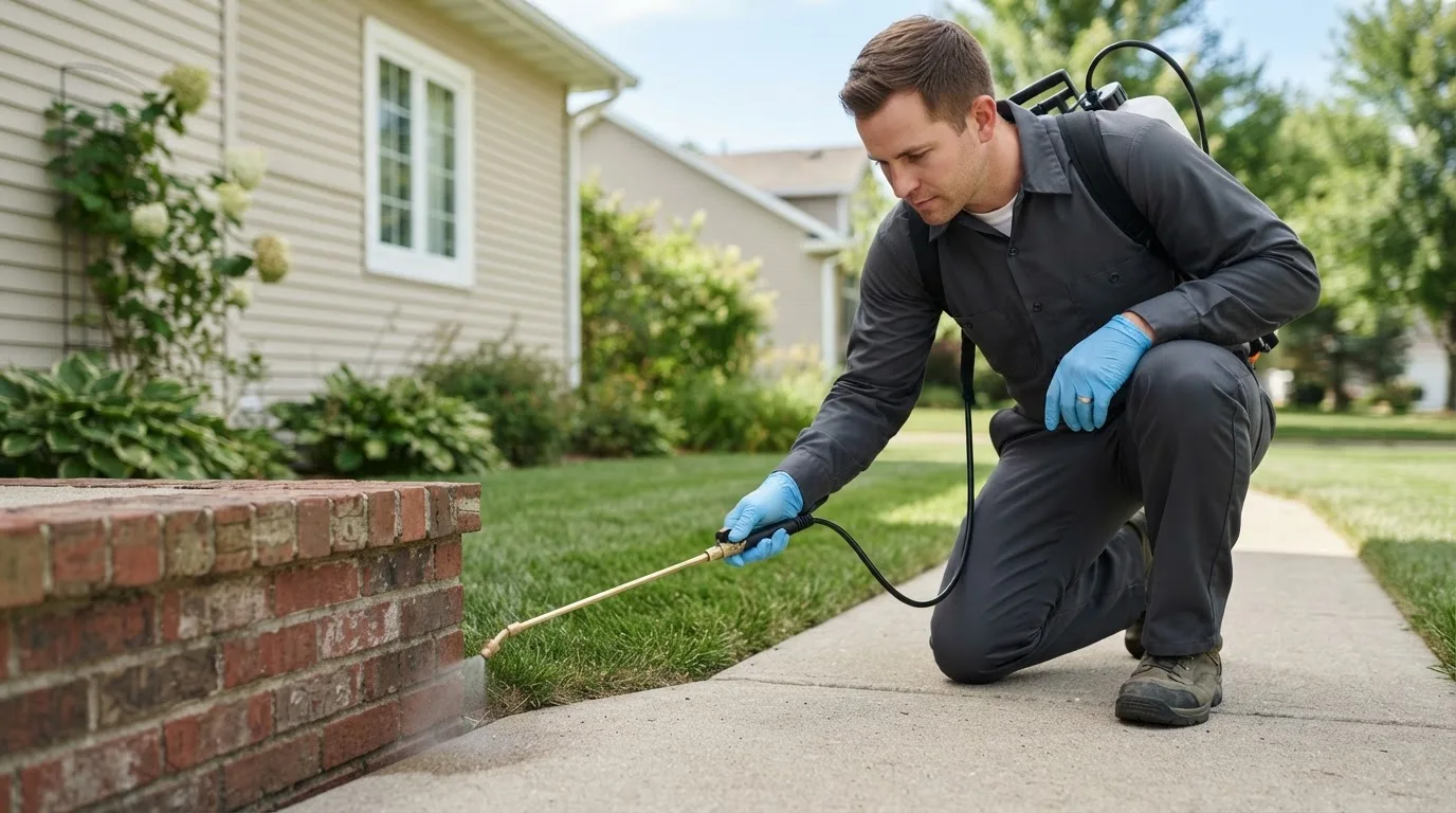 Pest control technician treating a home near North English, IA