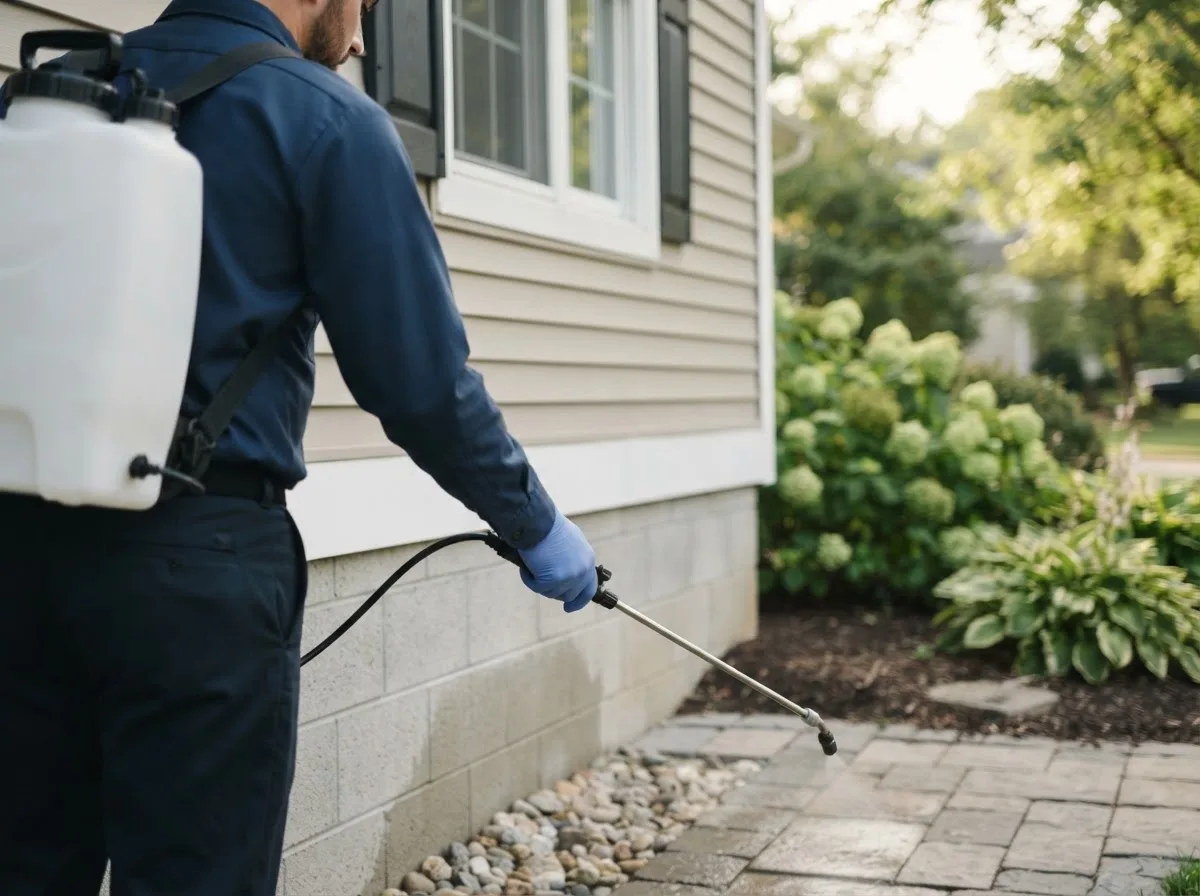 Pest control technician inspecting a home in North English, IA